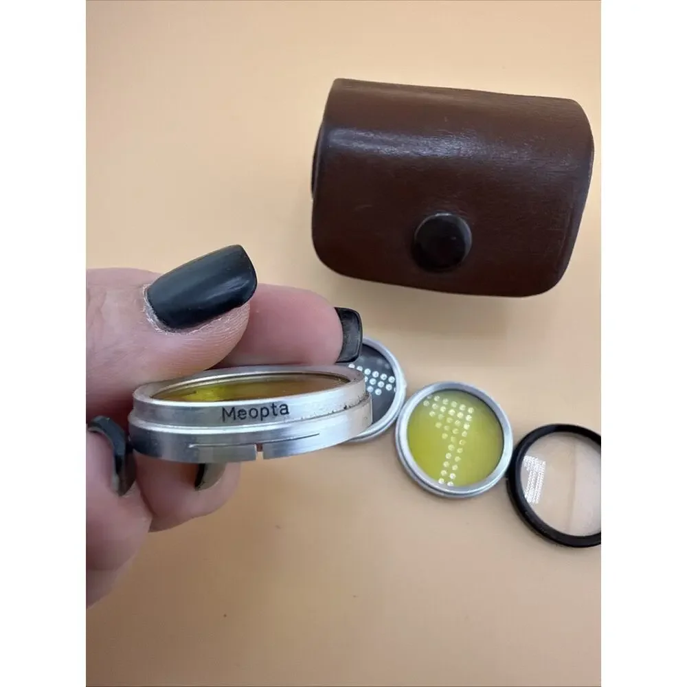 Vintage Meopta 4 Camera Filters, And Pax Leather Case With Hood